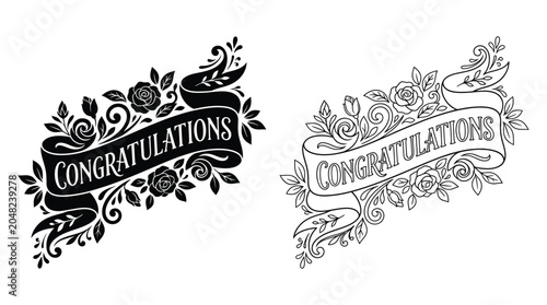 Fotografía Floral ornament with congratulations text black and white vector illustration
