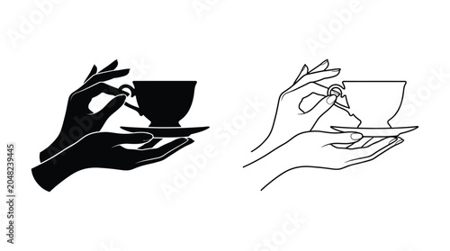 Canvastavla Hands holding teacup and saucer black silhouette and line art styles