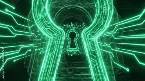 Digital Keyhole Flying Through Glowing Green Circuitry Tunnel