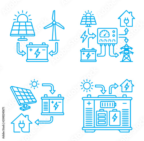 Set of blue line showing renewable energy systems, solar panels, wind turbines, battery storage, and electrical power grid distribution