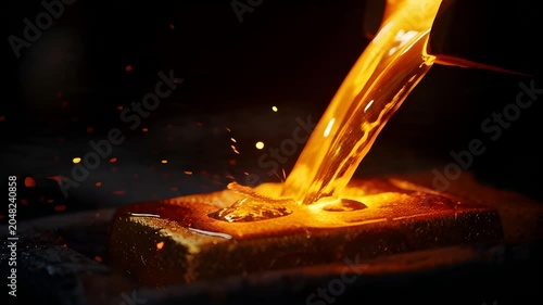 Molten metal being poured into a mold in a foundry