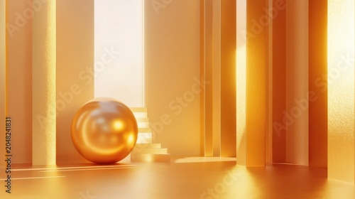 Illuminated golden sphere in minimalist architectural space abstract visual art warm lighting modern design