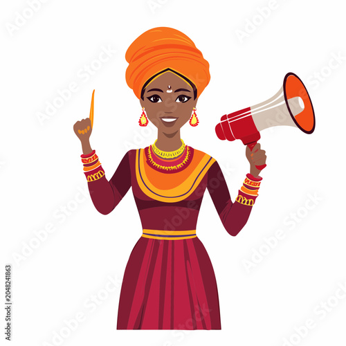 Woman in traditional Indian attire holding a megaphone and pointing