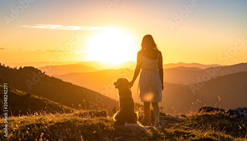 A woman and dog observe a stunning sunset over a mountainous landscape