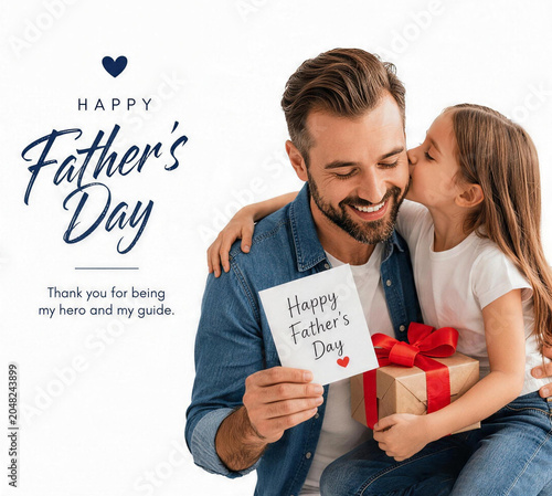 Little daughter kissing her father on the cheek celebrating happy fathers day with a gift daughter greeting celebration affection relationship together surprise appreciation parenting