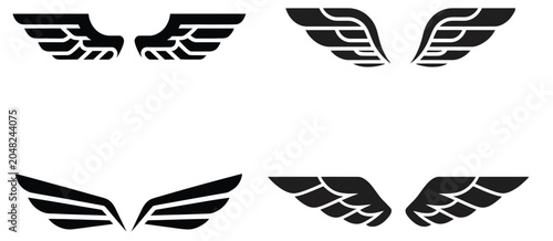 Spread bird wings silhouettes set vector illustration isolated on white background angelic heraldic tattoo graphic design layout elements