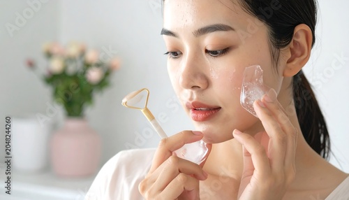 A woman applying facial skincare with ice cubes and a jade roller, inside, soft lighting