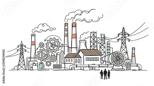 Canvastavla Hand drawn sketch illustration of an industrial factory complex with smokestacks and power lines