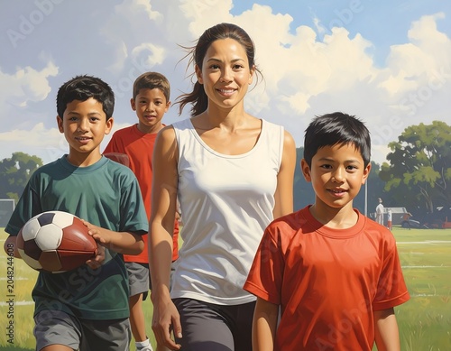 A woman and three boys, likely a coach and athletes, walk on a grassy field on a sunny day. One holds a football, and they all smile