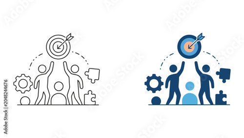 Φωτογραφία Business team achieving goal target illustration with puzzle pieces and gear ico