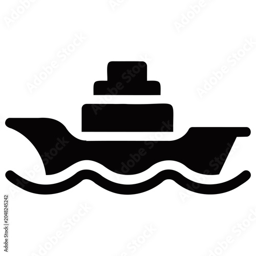 Schilderij op canvas A minimalist black silhouette of a large cargo ship with a multi-level superstructure is depicted sailing on stylized wavy water, representing maritime transport and logistics