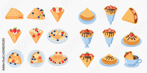 Fotografía Delicious assortment of sweet crepes, pancakes, and waffles with various fruit toppings and chocolate sauce, perfect for breakfast or dessert