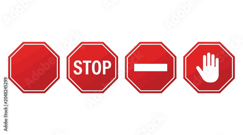 Four bright red octagonal road signs featuring various warning symbol