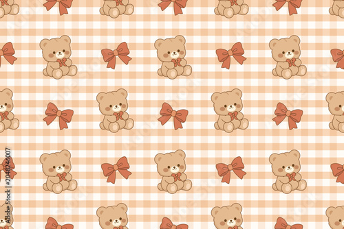 Cute Teddy Bear and Ribbon on Gingham Seamless Pattern Background
