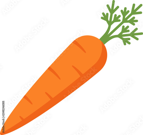 Bright orange carrot vector illustration with green leafy top, isolated on a white background, perfect for healthy food, agriculture, farming, and diet design projects.