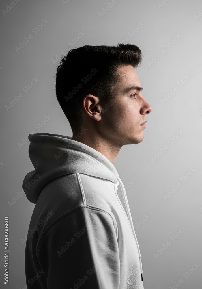 Obraz premium Young man profile portrait in white hoodie studio lighting neutral background contemporary fashion