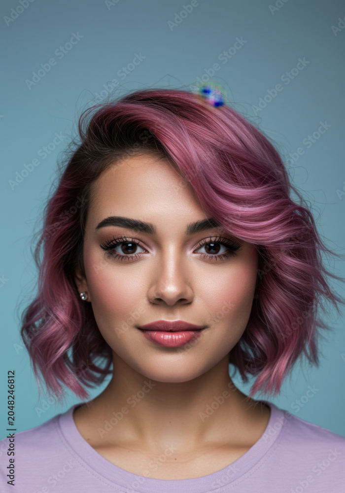 Fototapeta premium Portrait of a young woman with wavy pink hair looking confidently at the camera for hair styling brands, female empowerment social media and beauty advertising
