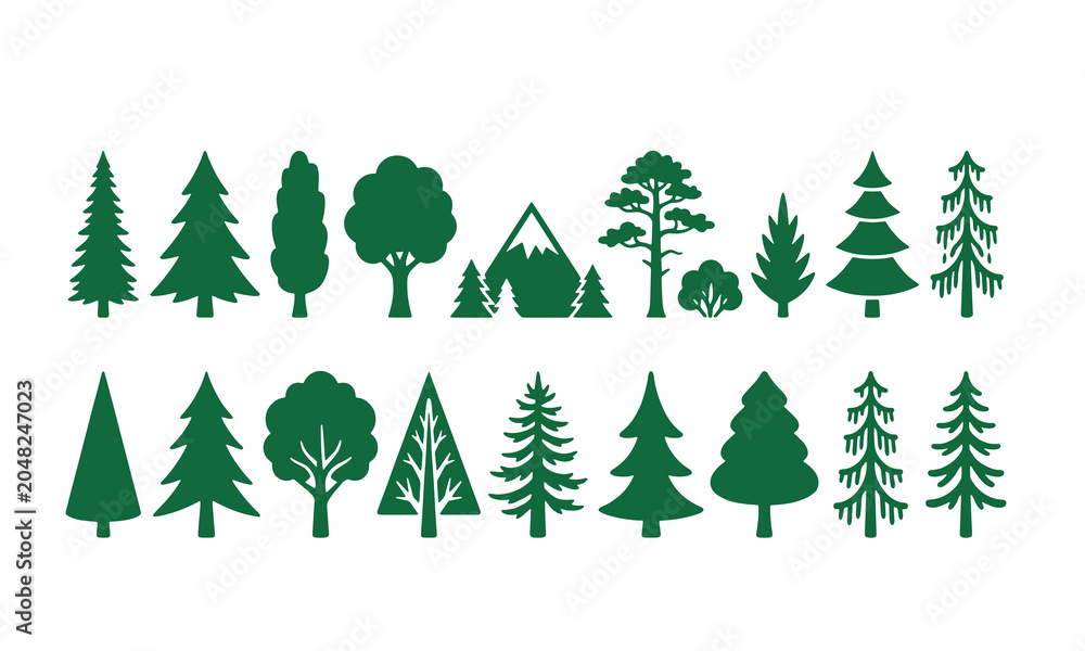 Fototapeta premium Forest Tree, Pine Tree & Nature Silhouette Icons Collection