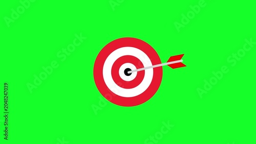 Animated target board icon with an arrow hitting the bullseye on chroma key green screen, 4k loopable motion graphic for goal concept.