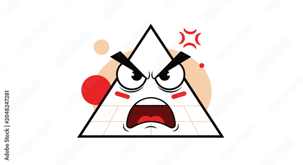 Obraz premium Angry cartoon pyramid character with an open mouth and furrowed eyebrows expressing frustration and rage on a white background with abstract shapes.