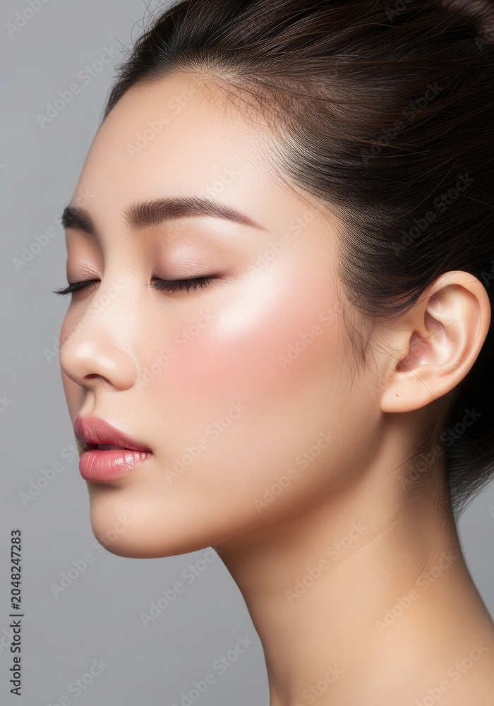 Naklejka premium Serene asian woman portrait close up of peaceful face with flawless skin and subtle makeup