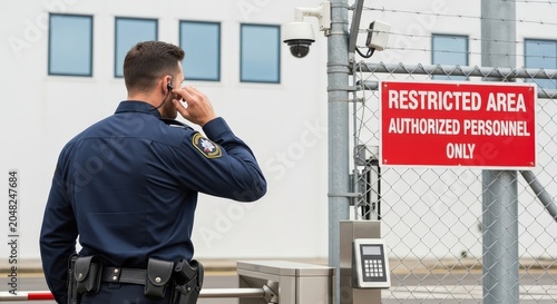 Security guard on duty using earpiece near restricted area gate