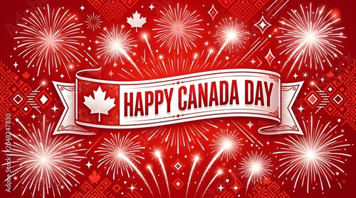 Canada Day celebration with fireworks and banner over red background in festive style