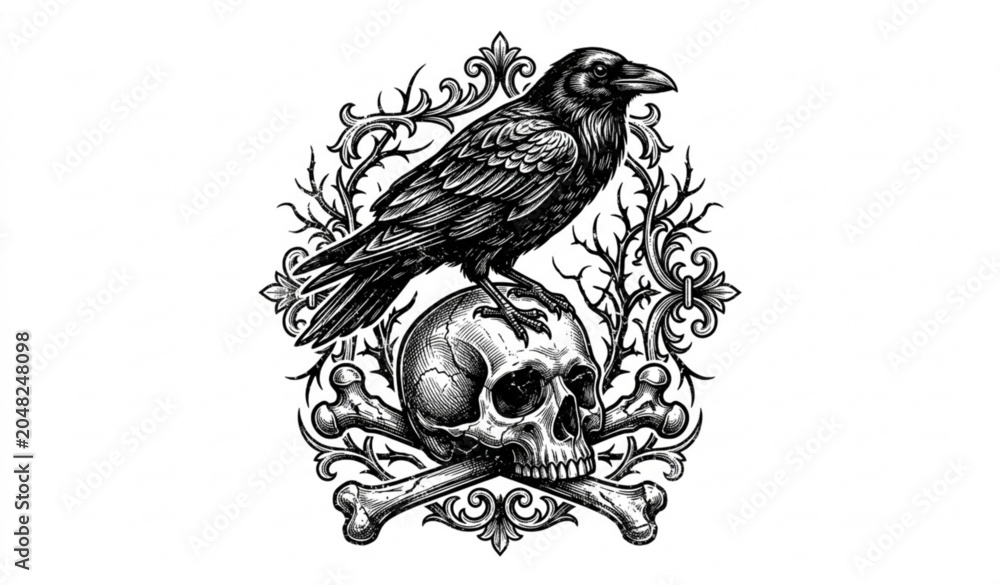 Obraz premium Dark raven with skull and bones vintage tattoo vector illustration