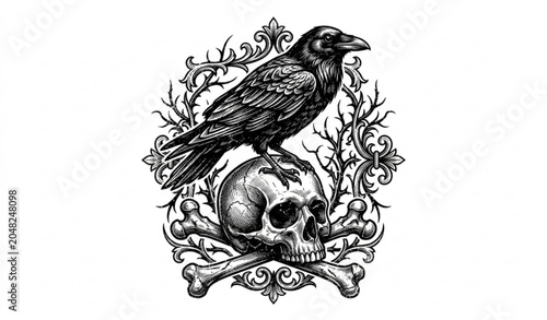 Bild auf Leinwand Dark raven with skull and bones vintage tattoo vector illustration