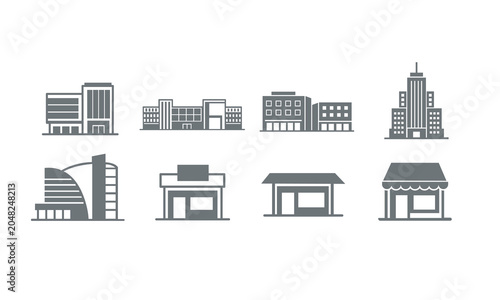 Tableau sur toile Building and Storefront Icons Set with Urban Architecture Symbols