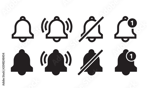 Notification Bell Icons Set with Alert, Mute and Message Indicators