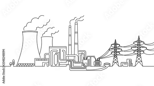 Photos Continuous line drawing of a thermal power plant with cooling towers and electrical pylons