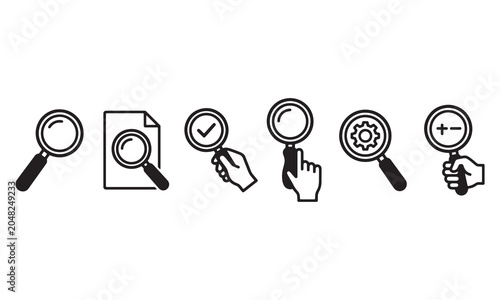 Search and Verification Icons Set with Magnifying Glass, Approval and Inspection Symbols