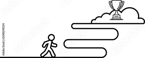 Foto Line icon of person running to trophy on cloud, achievement concept, simple blac