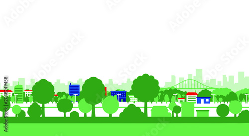 Obraz na płótnie Green Cityscape Illustration: Eco-friendly Urban Environment with Trees and Buil