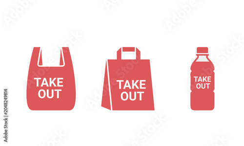 Takeout Food Packaging Icons Set with Bag and Beverage Container