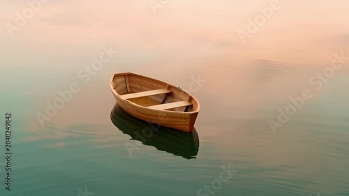 Small wooden boat on water.
