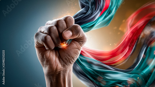Raised fist wrapped in flowing red, yellow, green colors symbolizing black history month, equality, diversity and human rights. Powerful concept of unity, inclusion and social justice