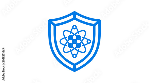 Blue Shield Icon with Atom Symbol for Science and Technology Security