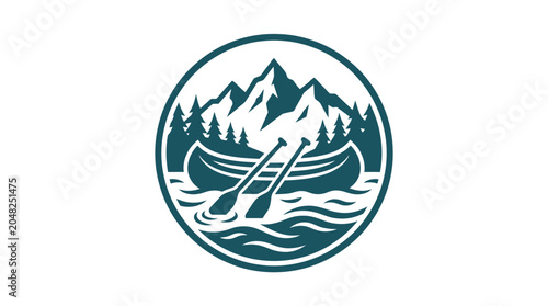 Canoe and Mountain Nature Emblem Logo Design