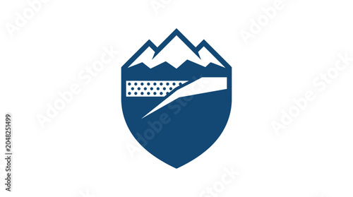 Minimalist Blue Shield Logo with Mountain Peaks and Abstract Landscape