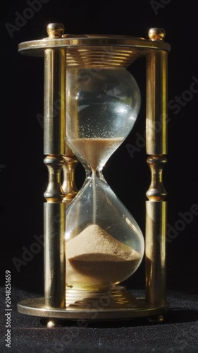 Sand flowing past through an hourglass. Concept of deadline, time passing, measurement. Vertical video 4k