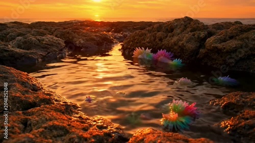 Sunset over rocky ocean shore.