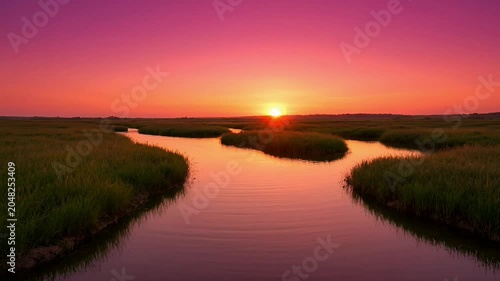 Sunset over serene water landscape.