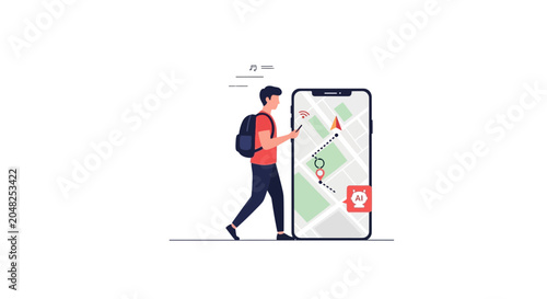 Принти на полотні Man using smartphone navigation app for travel and exploration