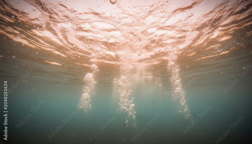 Fototapeta premium Underwater view of air bubbles rising toward a breaking wave surface with foam and sea particles for luxury spa branding, environmental campaigns and wellness website backgrounds