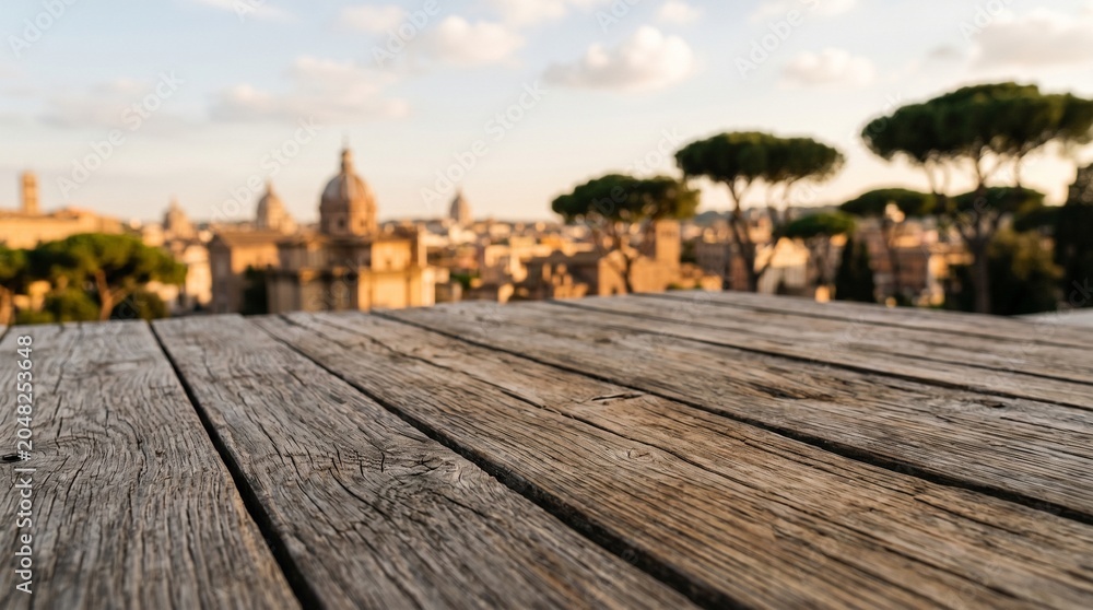 Fototapeta premium Rustic wooden surface overlooking a blurred panoramic view of a historic European city with domes and trees under a bright sky.