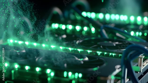 Close-up of cryptocurrency mining equipment with green LED lights