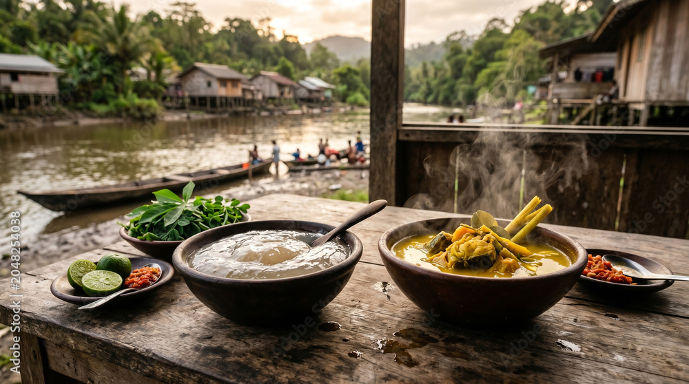 Obraz premium Rustic Papeda Breakfast with Yellow Fish Soup in a Riverside Village