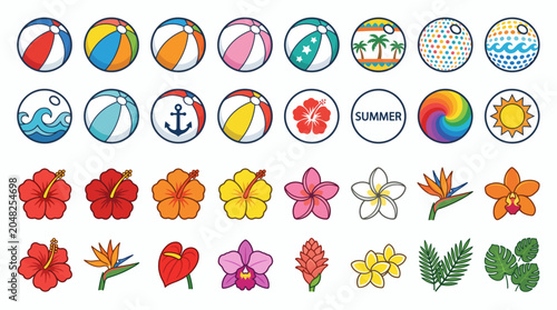 Tropical summer icon collection with beach balls and exotic flowers